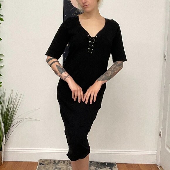 Monrow Mommy Jersey Lace-Up Midi Dress Short Sleeve Size L Black - Picture 6 of 16